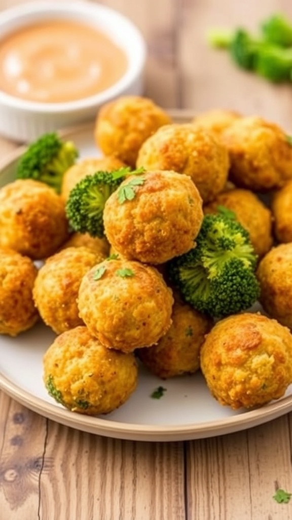 Crispy golden broccoli balls on a plate with a bowl of dipping sauce.